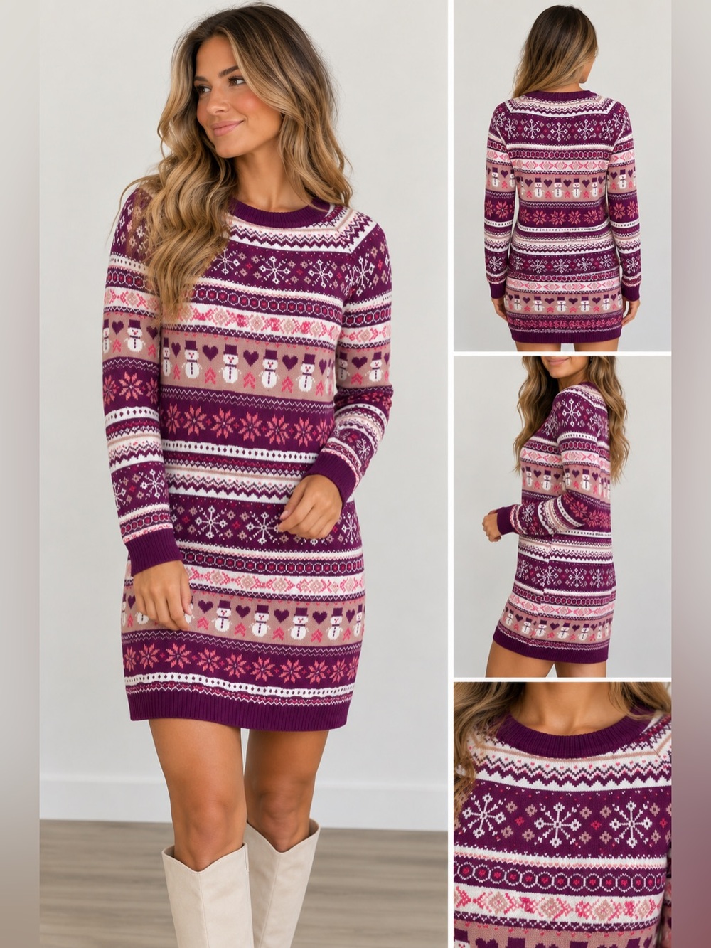 DARI XS Fair Isle Snowman Christmas Sweater Dress Purple Holiday